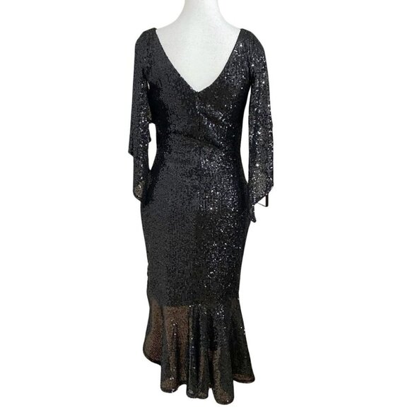 DALIA MACPHEE BLACK SEQUIN FLUTTER SLEEVE RUFFLE COCKTAIL EVENING DRESS - L - Picture 4 of 10